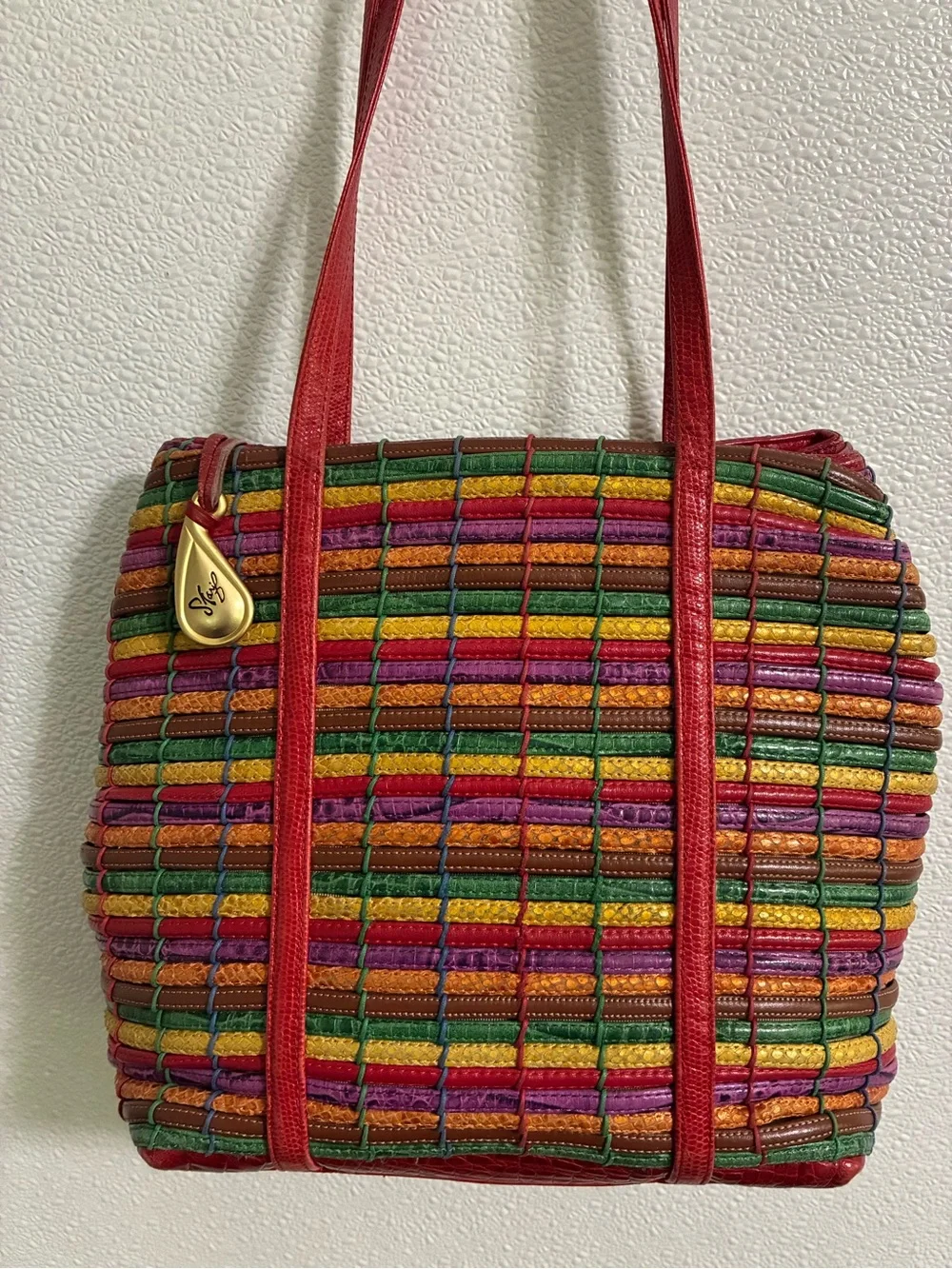 Vintage 1980’s Sharif Colorful Leather Woven Women’s Shoulder Bag - Picture 2 of 7